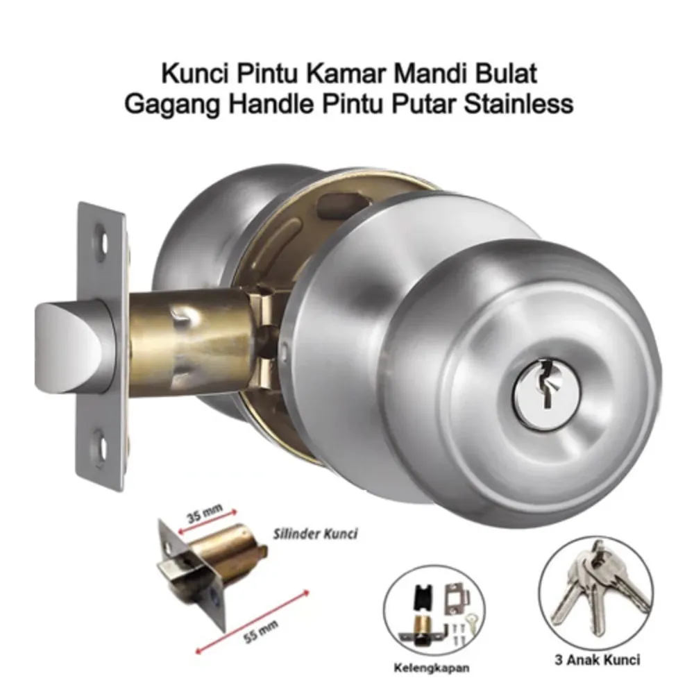 Handle Kunci Bulat Pintu Rumah Kamar mandi Gudang Tahan Cuaca Stainless Steel 1 set